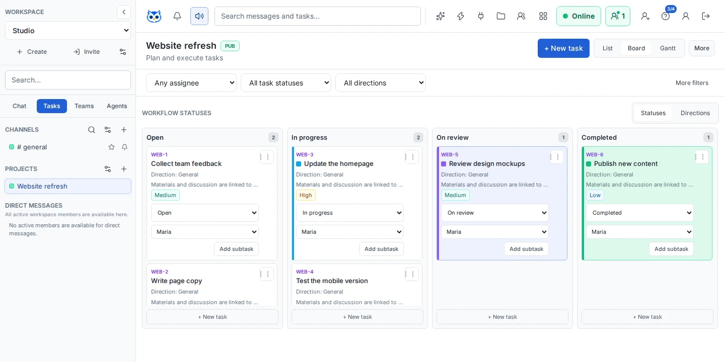 Teryo project workspace with tasks, statuses, and team conversations