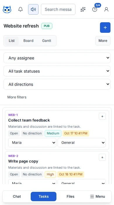 Teryo project workspace with tasks, statuses, and team conversations